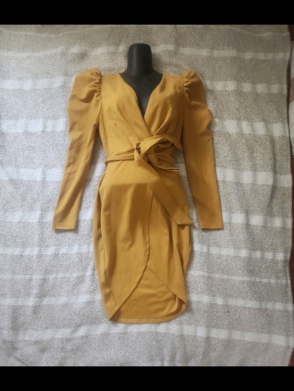 Fashion Nova Mustard Wrap Dress with Puff Sleeves